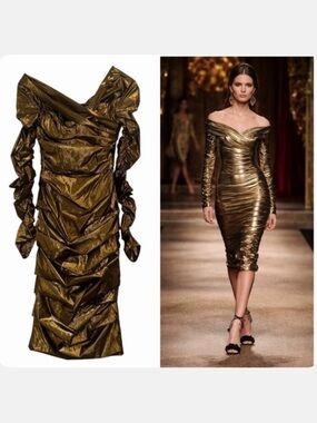 Dolce & Gabbana Gold Midi Dress Metallic Off Shoulder Ruched 2 Cocktail NWT 🟡